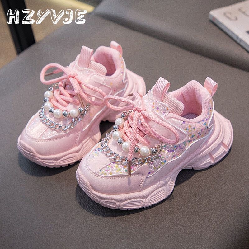 Chaussures de sport tendance pour filles avec chaîne, princesse, hiver, peluche, chaudes, semelles épaisses, pour enfants de taille moyenne et grande, décontractées, tout-assorti_voghion.com