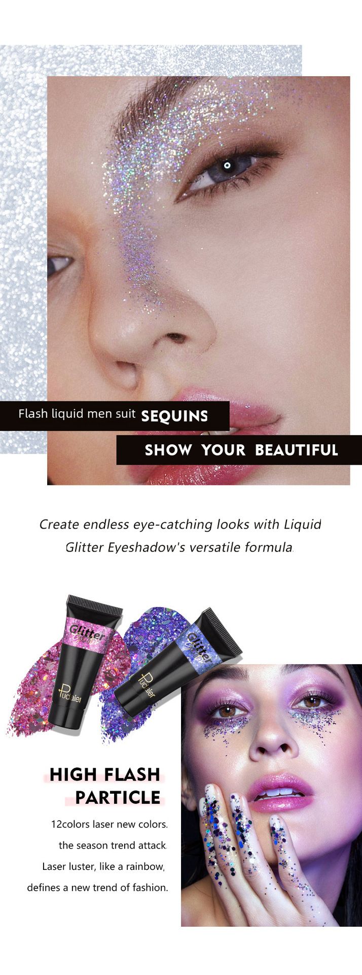 Pudaier Ombretto Liquido Lucido Monocolore Trucco da Palco Viso Corpo Glitter 12 Colori Ombretto Liquido Scintillante Luccicante_voghion.com