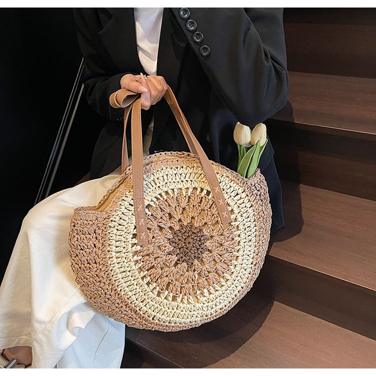 Straw Bag Woven Bag Bohemian Woven Bag Hollowed-out Straw Bag Large Capacity Seaside Resort Beach Shoulder Tote Bag_voghion.com