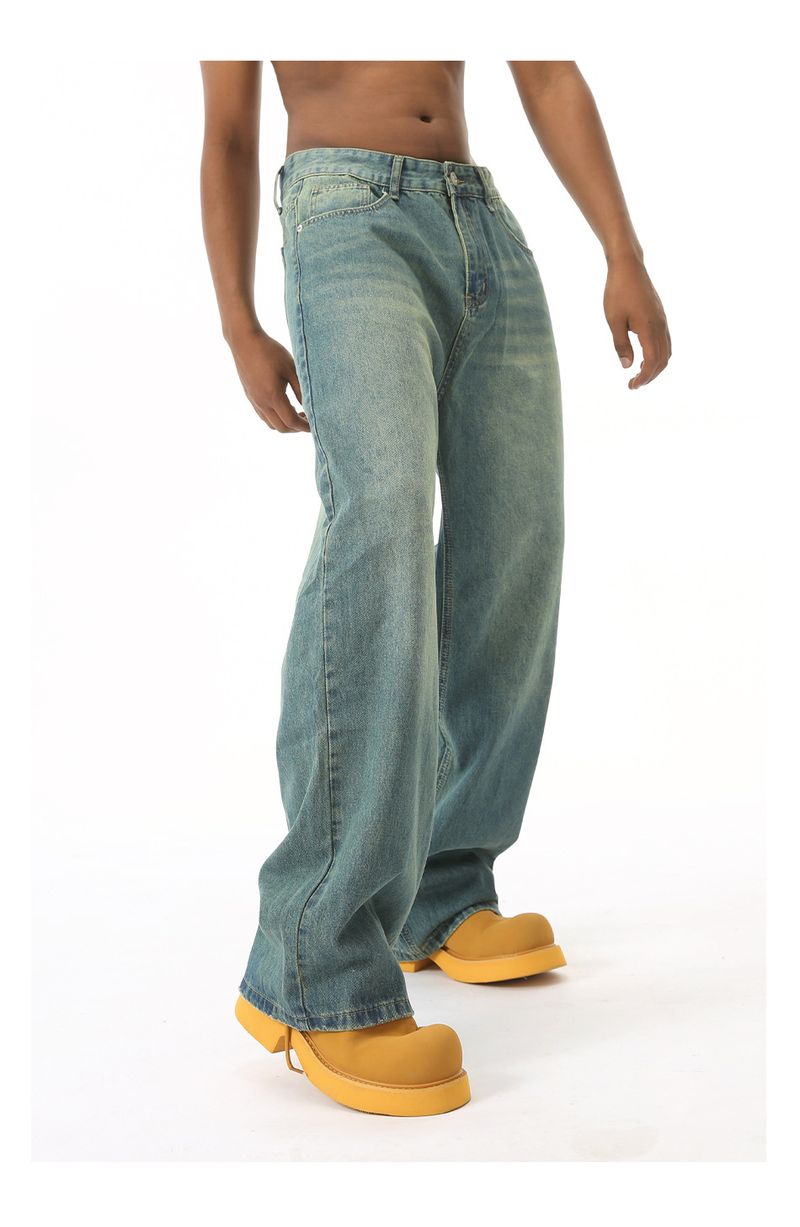 EF JEANS | 2024 New American Personality Retro Old Gradual Change Loose Wide Leg Jeans Men Old Green_voghion.com