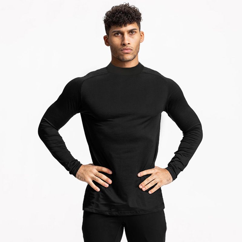 T-shirt da uomo a maniche lunghe a collo alto, sportiva, da corsa, elastica, aderente, ad asciugatura rapida, con colletto alla coreana, base da basket_voghion.com