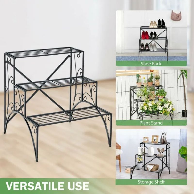Porch Stand Metal Plant With 3-Tier Grid For Widened Shelf Garden_voghion.com