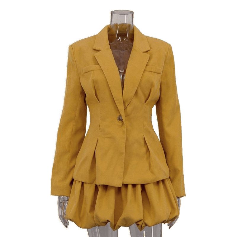 Conjunto de duas peças feminino, moda verão 2025, blazer elegante com lapela de alta qualidade e saia bufante com babados_voghion.com