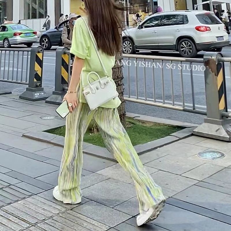 Ice Silk Pink Tie-dyed Pants Women's Summer Thin Colored Wide-leg Casual Cool Shaking Pants Island Dopamine_voghion.com