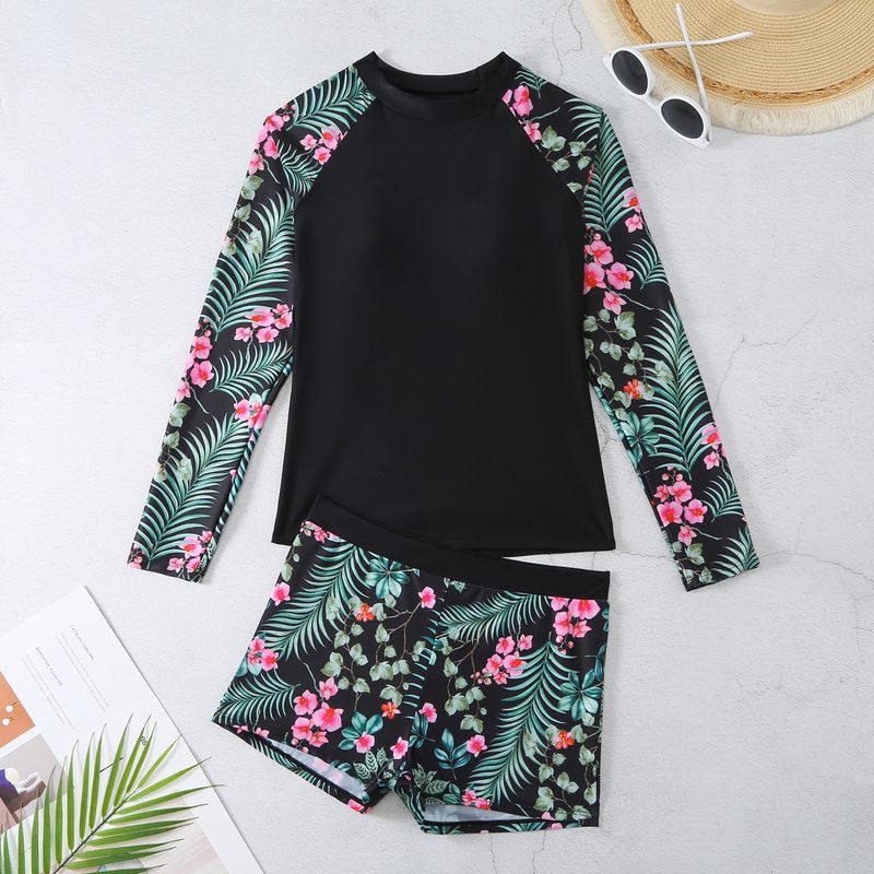 Women's Clothing Color Matching Surfing Diving Holiday Swimsuit Multi Color Printing Long Sleeved Sunscreen Split Swimsuit_voghion.com