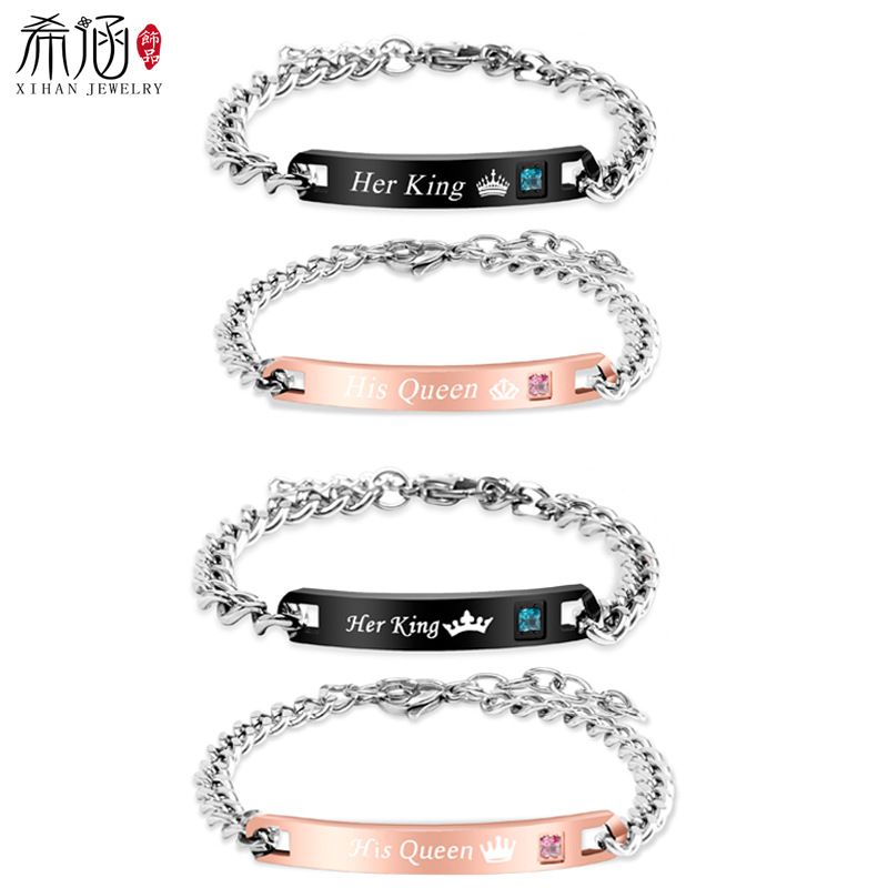 Bracciale alla moda hip-hop in acciaio al titanio per coppie, regalo di San Valentino, corona, cuore, zircone, incisione_voghion.com