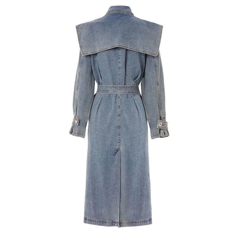 Damen-Jeans-Trenchcoat – Mittellange blaue Jacke mit taillenbetontem Revers (S/M/L/XL)_voghion.com