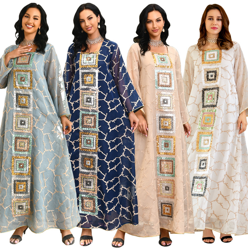 Dámské muslimské večerní šaty plus size, flitrovaná sukně, síťovaná houpačka, župan Abaya_voghion.com