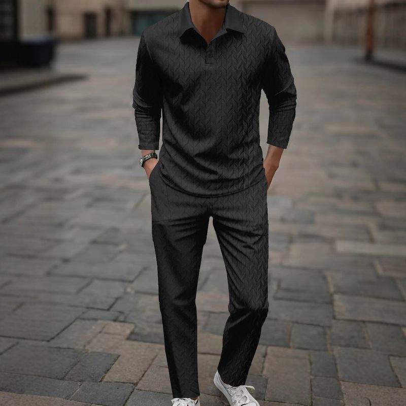 Breathable Jacquard Polo Set – Lapel Collar Summer Suit With Moisture-Wicking Trousers (Black/White/Gray/Army Green/Khaki/Navy, S-XXXL)_voghion.com