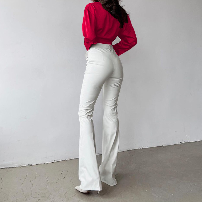 Top da donna a maniche lunghe con collo a polo in raso di seta casual dal temperamento solido_voghion.com