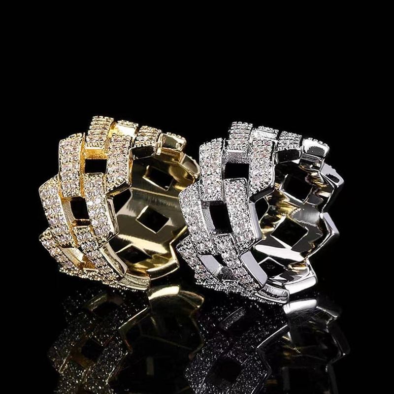 Anello da uomo con catena cubana in zirconi intarsiati in rame Hip Hop, design di nicchia, pesante, geometrico, artigianale_voghion.com
