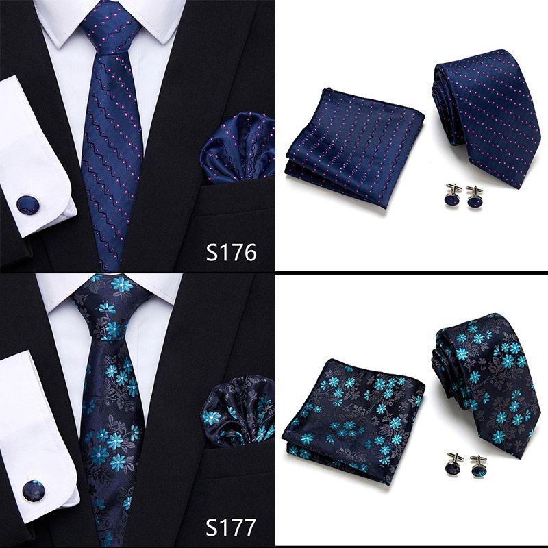 Jacquard Nuovo Design Festivo Regalo Cravatta Fazzoletto Gemelli Set Cravatta Uomo Plaid Camicia Gialla Accessori_voghion.com