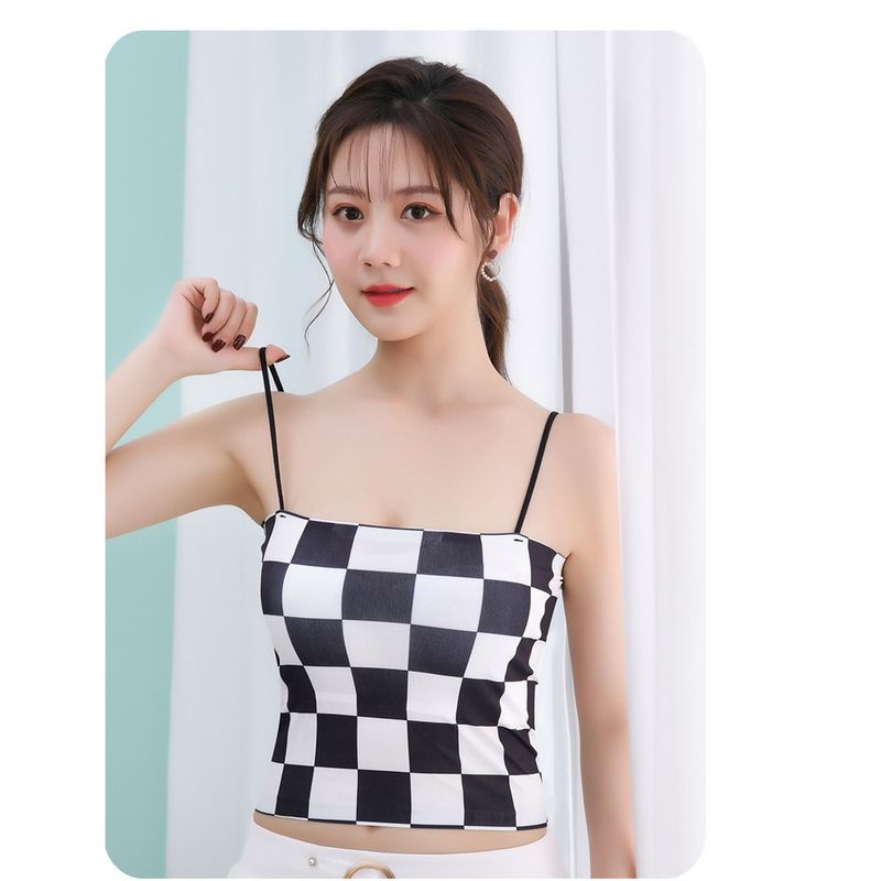 Long checkerboard ice silk one line circumference beautiful back chest wrapped pure desire camisole vest external wear,_voghion.com