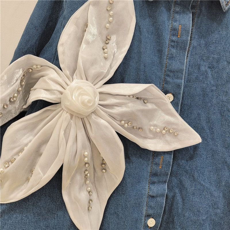 Damenbekleidung Schwere Perlen Dreidimensionale Blume Ing Denim Für Frauen Kleine Jacke Hemd Top_voghion.com