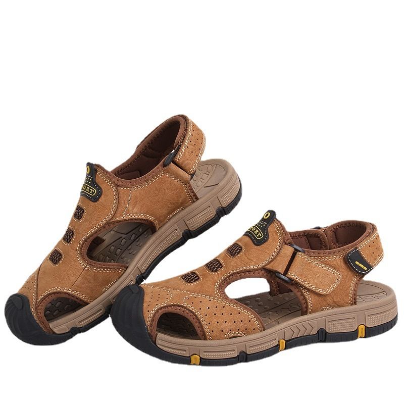 Sandalen Herren Neu Sommer Leder Weich Mit Einer Zehenkappe Und Dicker Sohle Für Anti-Rutsch Trend. Klettverschluss Outdoor Dad Strandschuhe_voghion.com