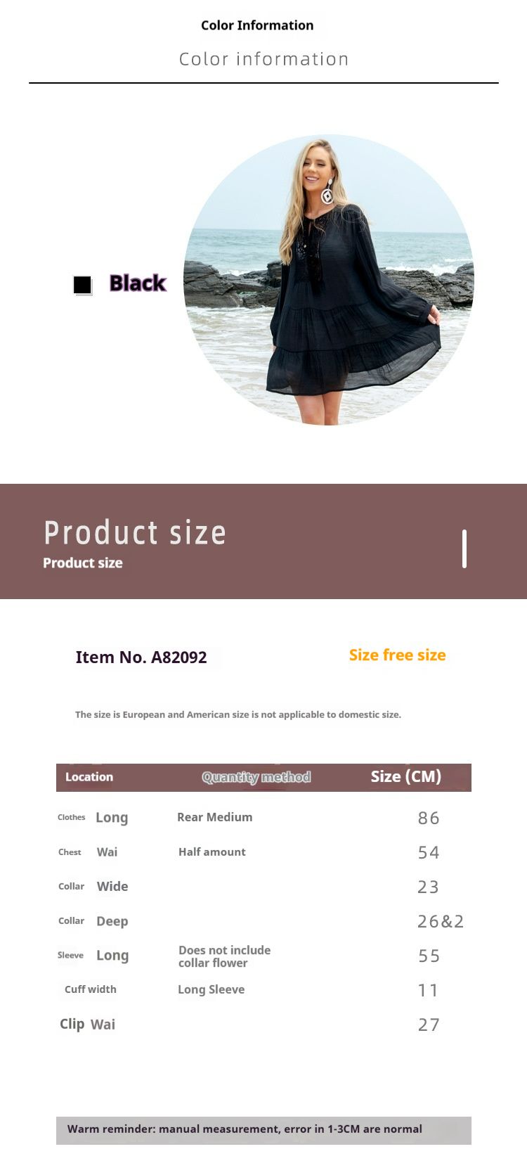 Robe d'été noire à manches longues pour femme, ample et confortable, idéale pour la plage, la protection solaire et le maillot de bain_voghion.com