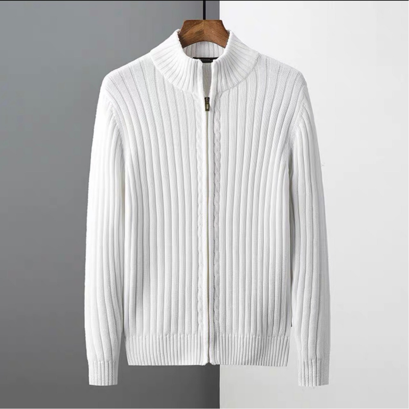 Men's Chunky Knit Cardigan With Zipper - High Collar Casual Sweater For Autumn & Winter, Stretchy & Machine Washable, Trendy Cable Knit Design_voghion.com