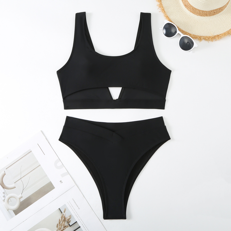 Maillot de bain deux pièces sexy taille haute couleur unie_voghion.com