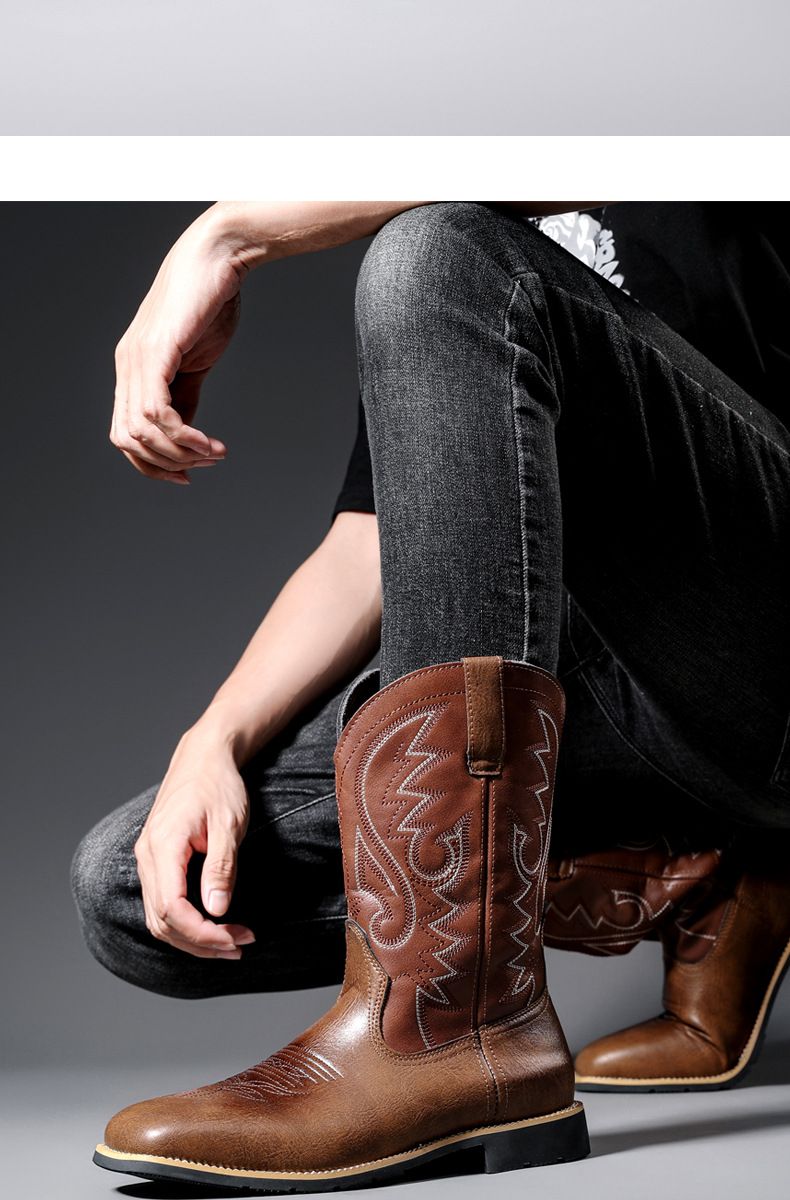 Amekaji Herren-Reitstiefel mit hoher Röhre, bestickt, Western-Cowboy, trendig, für Motorradfahrer, quadratische Zehenpartie_voghion.com