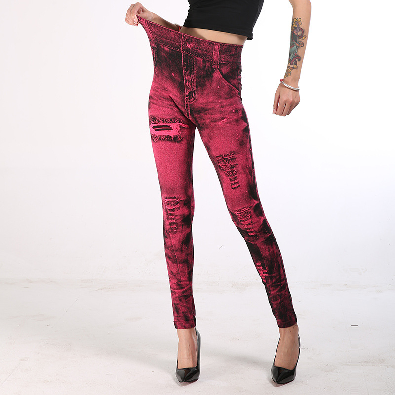Leggings imitation denim pour femmes, pantalons multicolores populaires à neuf points pour soulever les hanches_voghion.com