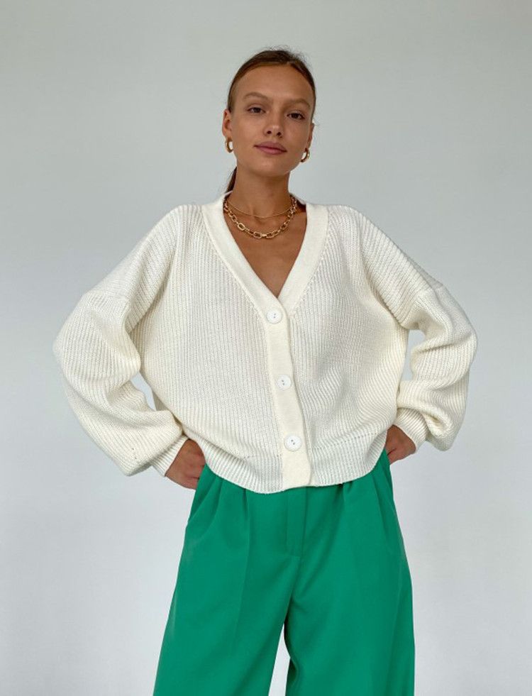 Damenbekleidung Herbst- und Winter-Strickjacke, einreihig, einfarbig, gestrickt, Unterhemd, Temperament, Pendlerpullover, Pullover, Damen_voghion.com