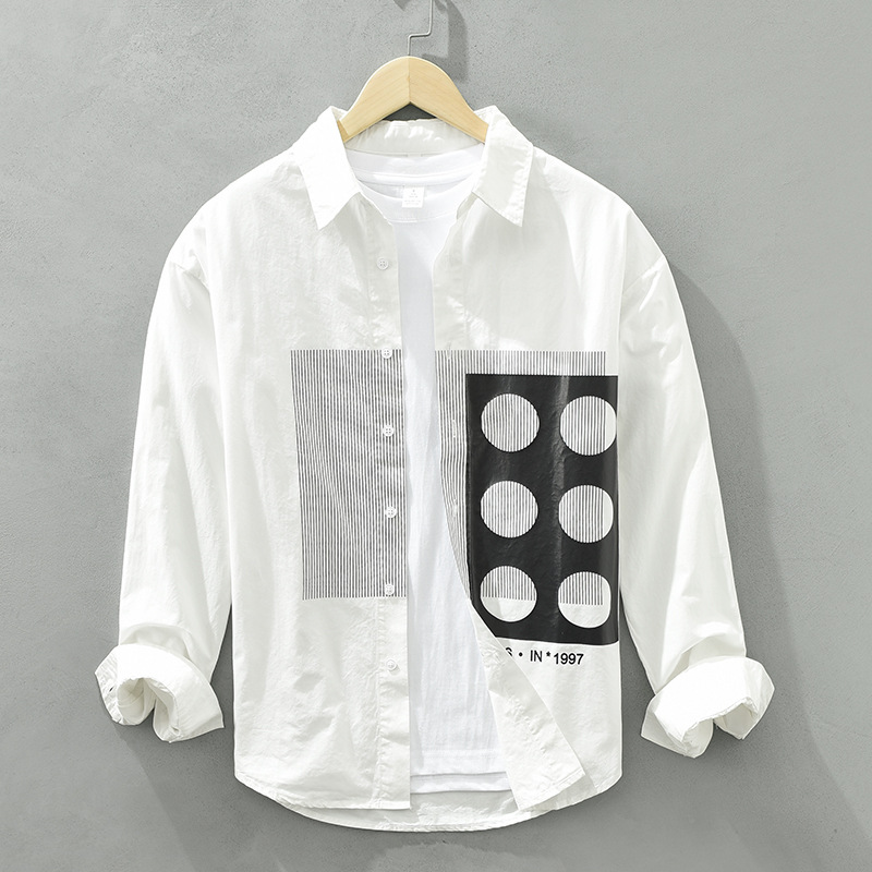 2188 Camicia a maniche lunghe patchwork a righe stile Hong Kong per camicia casual artistica ampia e alla moda giapponese da uomo, un ricambio per capelli_voghion.com