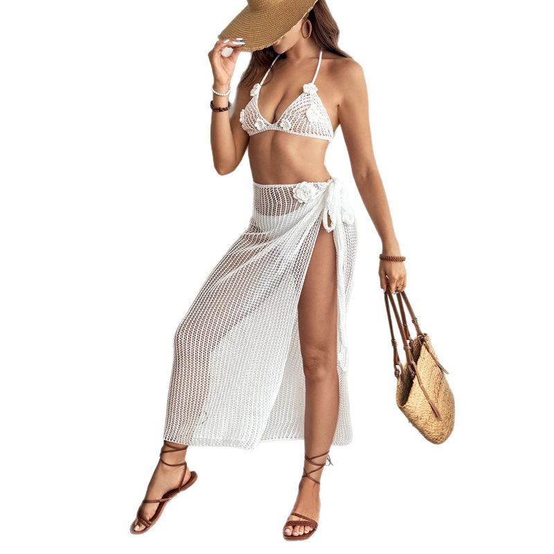 Abbigliamento da donna, nuovo bikini da spiaggia con gancio e fiore, due pezzi, camicetta con gancio, gonna e camicetta in saldo_voghion.com