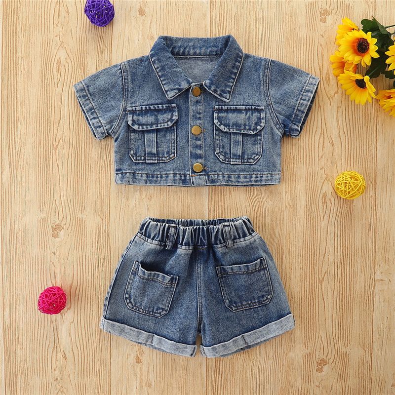 Vêtements pour enfants Été Élégant Vêtements de travail pour filles Denim Deux pièces Cardigan à manches courtes + short_voghion.com