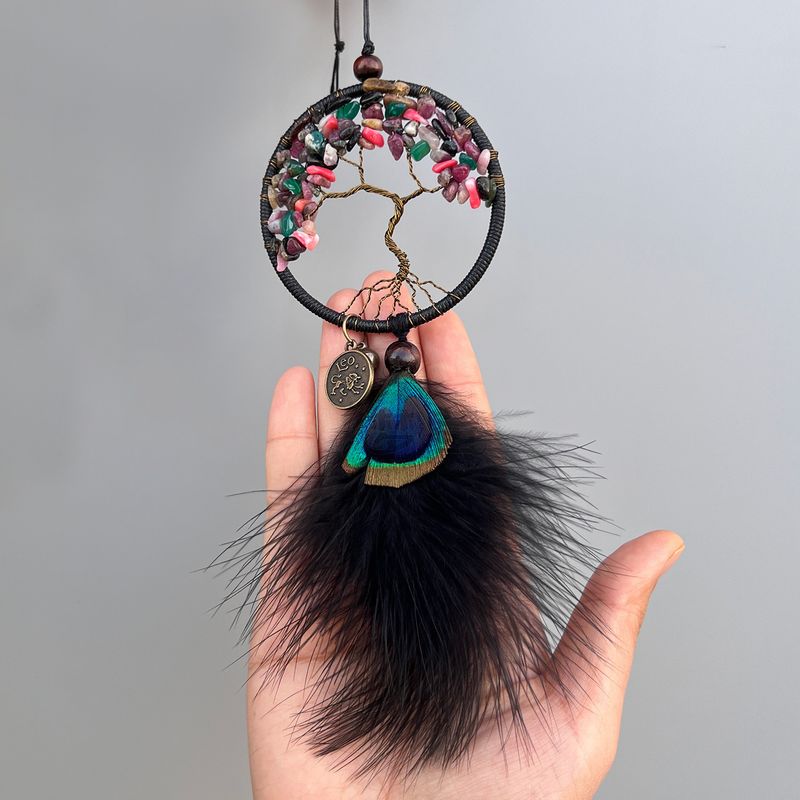 Dream Firefly Retro Peacock Feather Crystal Stone Ornament Handmade Woven Interior Car Hanging Decoration_voghion.com
