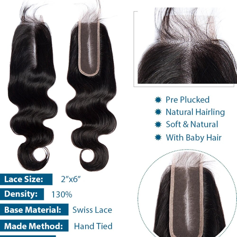 1 stk Body Wave Kim 2x6 lukking, brasiliansk menneskehår rett bølge gjennomsiktig lukking_voghion.com