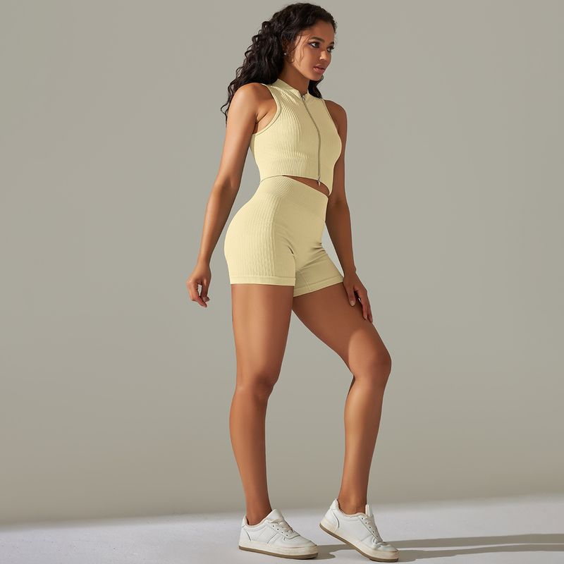 Ensemble de costume de Fitness en cours d'exécution de Yoga de sport de fermeture à glissière de fil tricoté sans couture six pièces_voghion.com