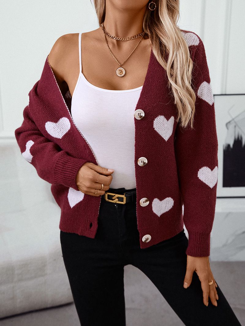 Nieuwe herfst- en wintergebreide V-hals vest met hartjesjacquard voor dames_voghion.com