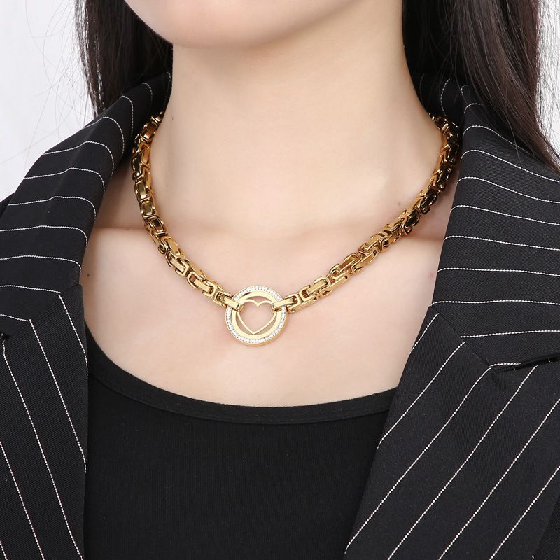 Set di gioielli da donna, alla moda, con ruota in acciaio inossidabile, personalità, rotondo, pieno di diamanti, a forma di cuore, catena spessa_voghion.com