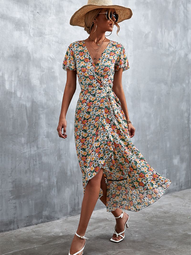 Frühling/Sommer 2022 Neues böhmisches, gekreuztes, geblümtes Kleid mit V-Ausschnitt und Schnürung_voghion.com