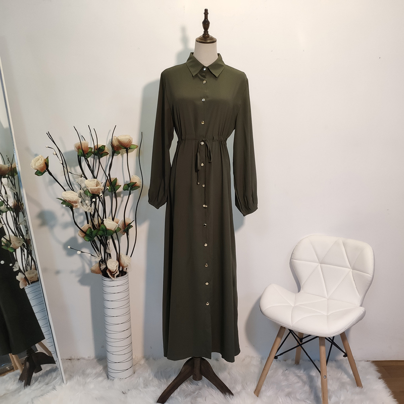 Roupas femininas nova moda muçulmana lapela cor sólida botão completo vestido fino saia longa_voghion.com