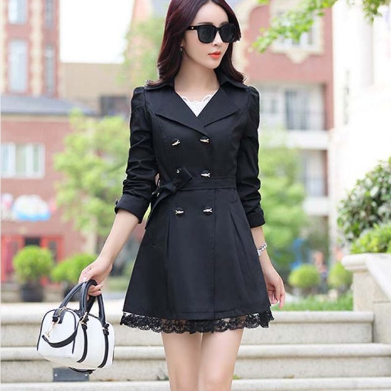 Spring And Autumn New Korean Version Slim Fit Sleeved Solid Color Lace Medium Long Windbreaker Women's Spring Style_voghion.com