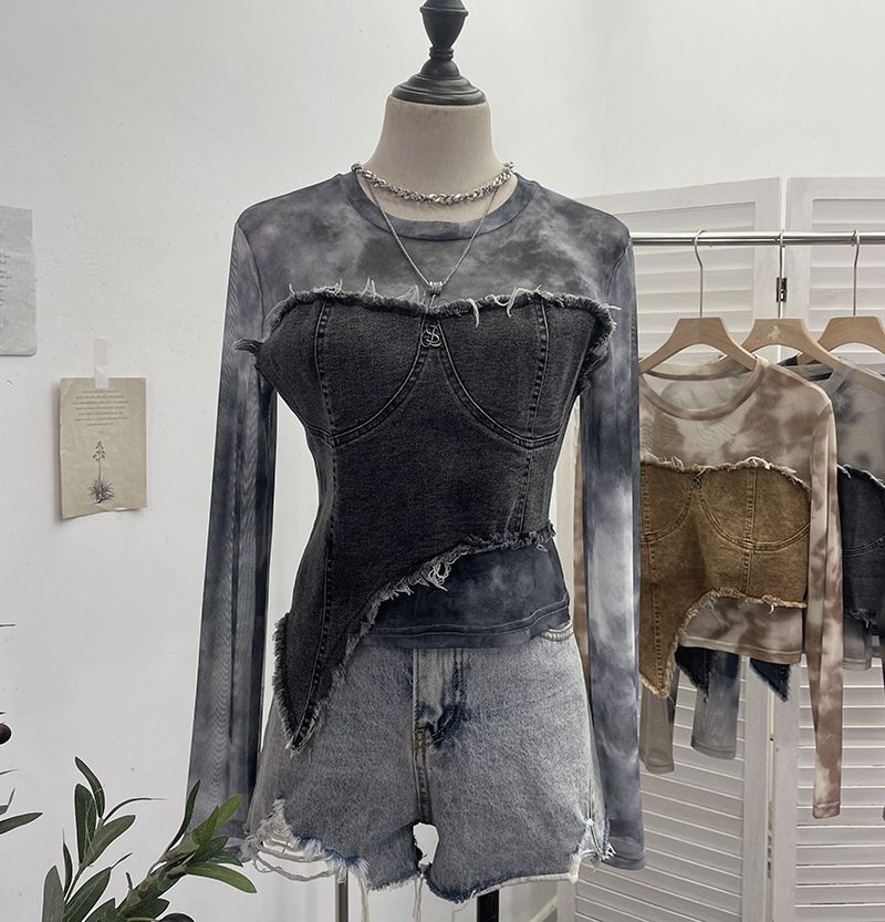 Damenbekleidung Retro Verschmierte Mesh-Nähte Denim Gerade Schulter Langarm T-Shirt Hot Girl Kurzes Slim Fit Top 2617_voghion.com