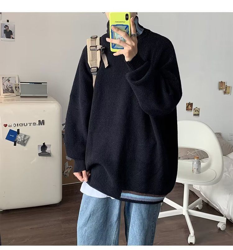 Men's Clothing Fashion color turtleneck sweater autumn and winter Hong Kong style retro all match Korean style knitted sweater warm couple tops_voghion.com