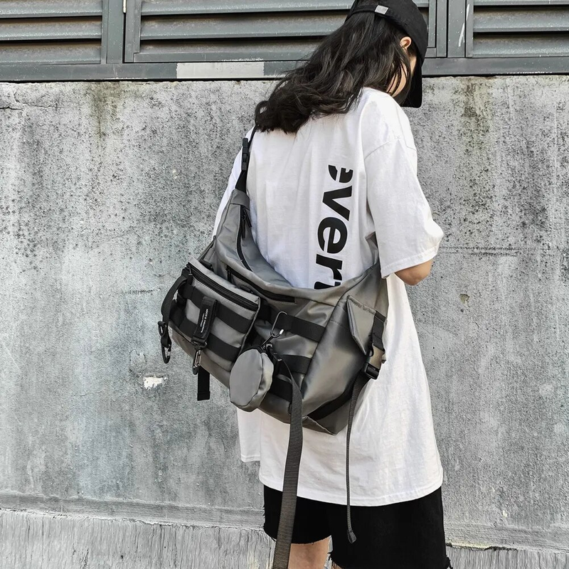 Schulter Gothic Schwarz Umhängetasche Messenger Tragetaschen Für Männer Frauen Shopper Nylon Hip Hop Techwear Satchel Taille Goth_voghion.com