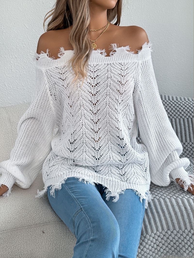 Solid Color Hollow Long-sleeved Cut Off-the-shoulder Pullover Sweater, Women's Clothing_voghion.com