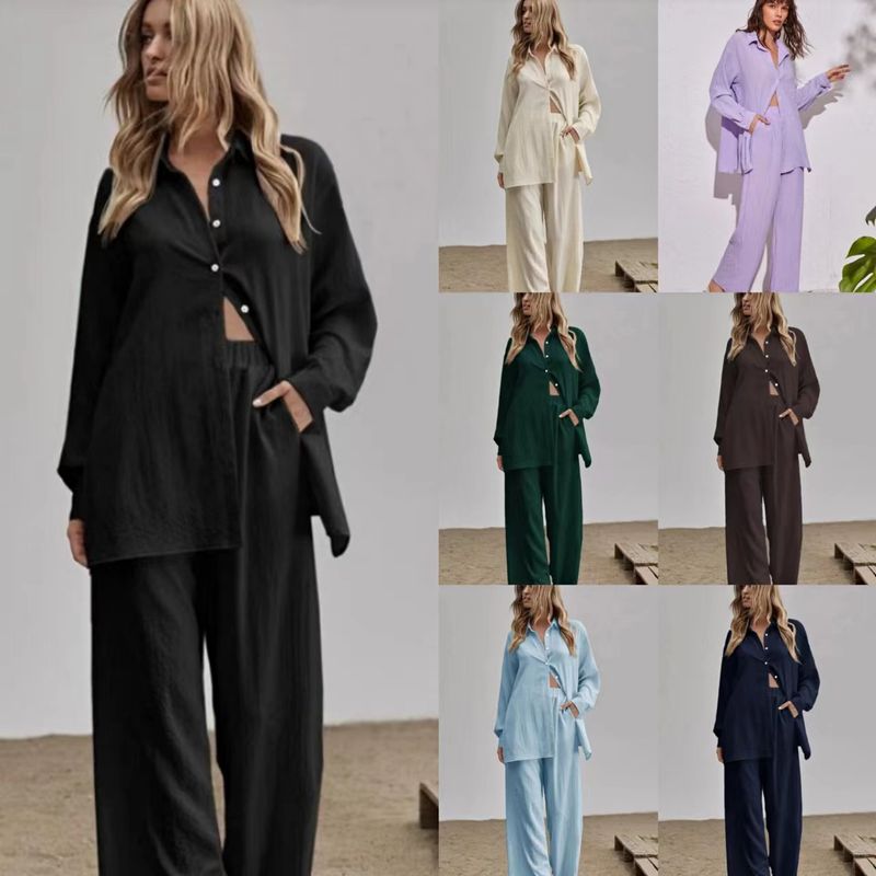 Collezione autunno 2022 da donna, nuova camicia casual di alta qualità, a maniche lunghe, tinta unita, con elastico in vita e pantaloni._voghion.com