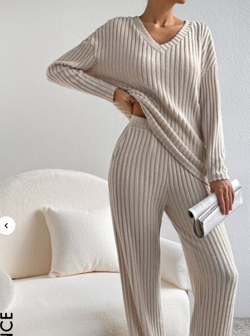 Women's clothing two-piece set for women fashion casual straight pants temperament loose V-neck pit strip knitted set_voghion.com