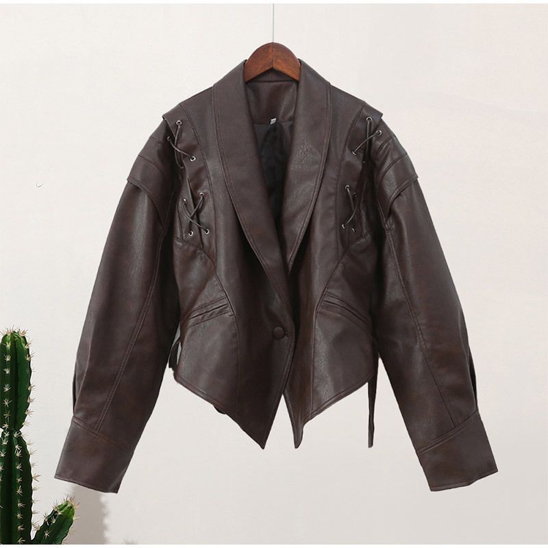 2024 Autumn New Fashionable Elegant Lapel Tie Long Sleeve Jacket Leather Coat Commuter Style_voghion.com
