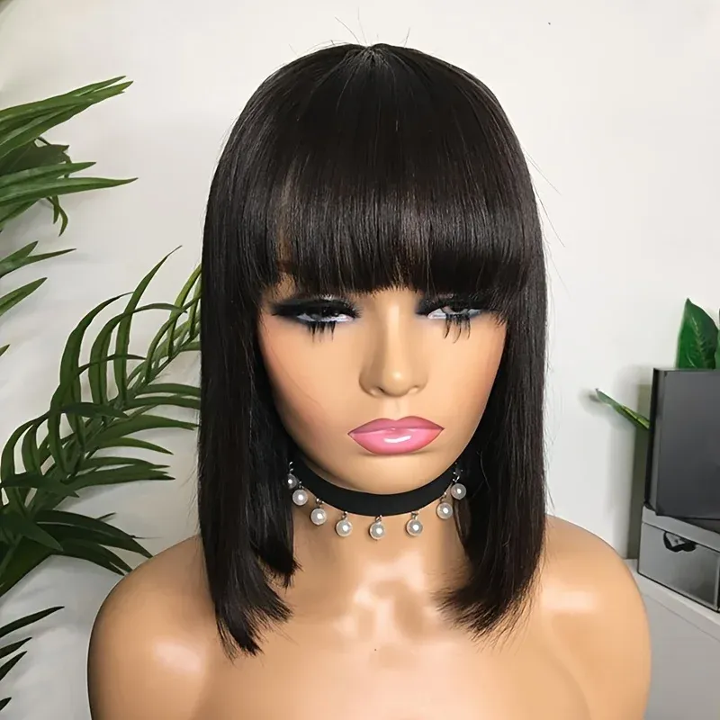 Pelucas de cabello humano con encaje 2x4, corte bob corto y flequillo, pelucas de cabello humano liso negro para mujer_voghion.com
