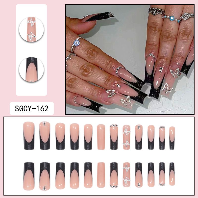 Glamorous Silver Butterfly Rhinestone Press-On Nails Long False Nails For Women - Water Pipe Nail Art, Sweet Style, Glue & Gel Options_voghion.com