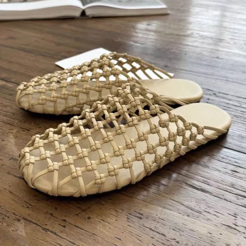 Versione in pelle di pecora ~ Pantofole estive da donna con punta piatta, traspiranti e intrecciate a mano, in rete cava_voghion.com