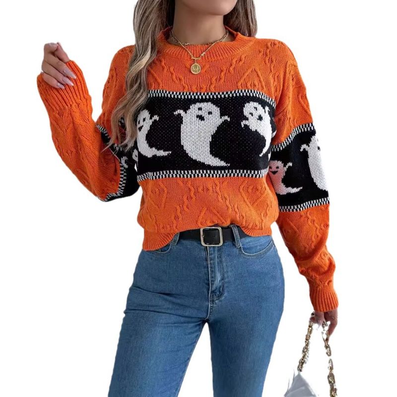 Halloween-themed Ghost Contrasting Long-sleeved Pullover, Women's Clothing_voghion.com