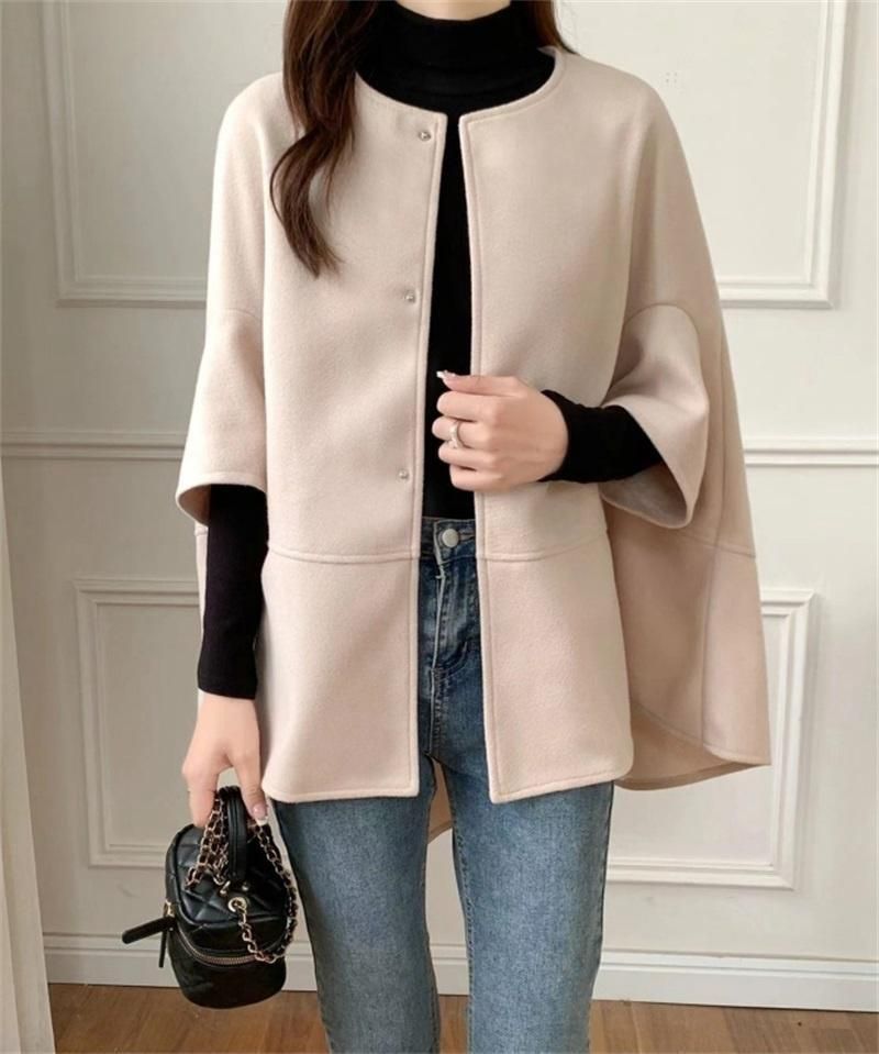 Elegant Batwing Sleeve Wool Cape Coat - Oversized Poncho Style For Women, Autumn Winter Fashion, Casual Loose Fit, Pure Color & Checkered Patterns_voghion.com