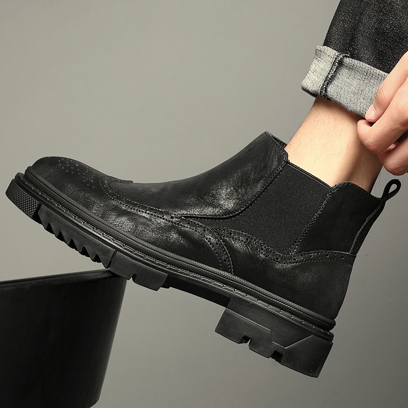 thick-soled Martin Boots Heightening Leather Boots Men's Shoes Velvet Leather Casual Medium And High-top Cigarette Tube Chelsea Leather Boots_voghion.com