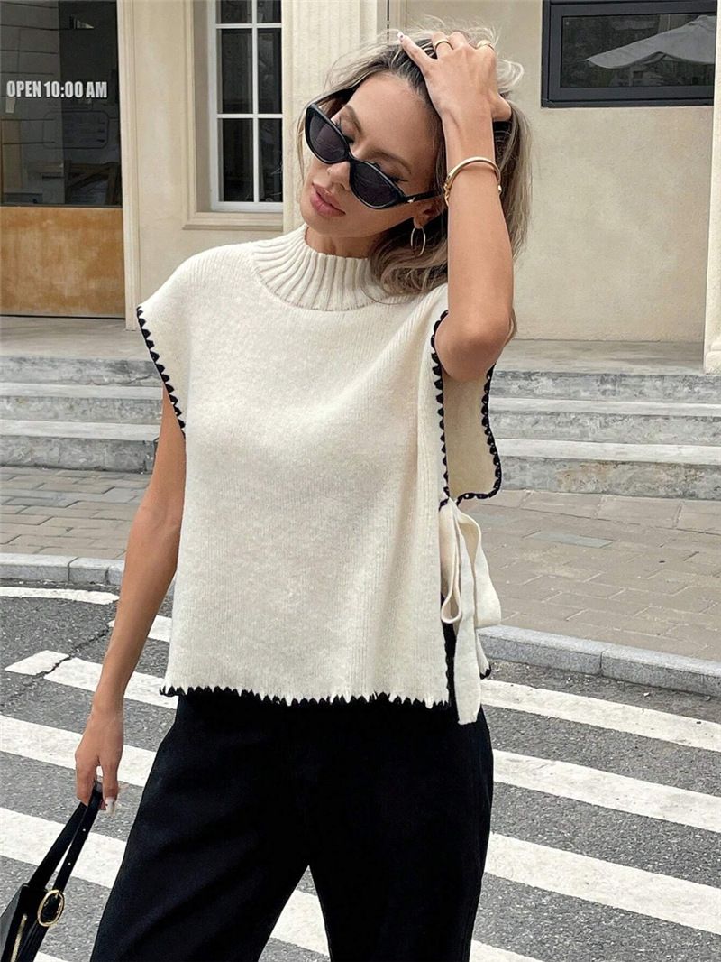 Dameskleding Dames Mouwloos Trui Vest Eenvoudig Ontwerp Contrasterende Kleur Strik Top_voghion.com